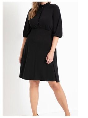 Eloquii Stretch Crepe Mock Neck Empire Waist Tea-Length Midi Dress Black 24